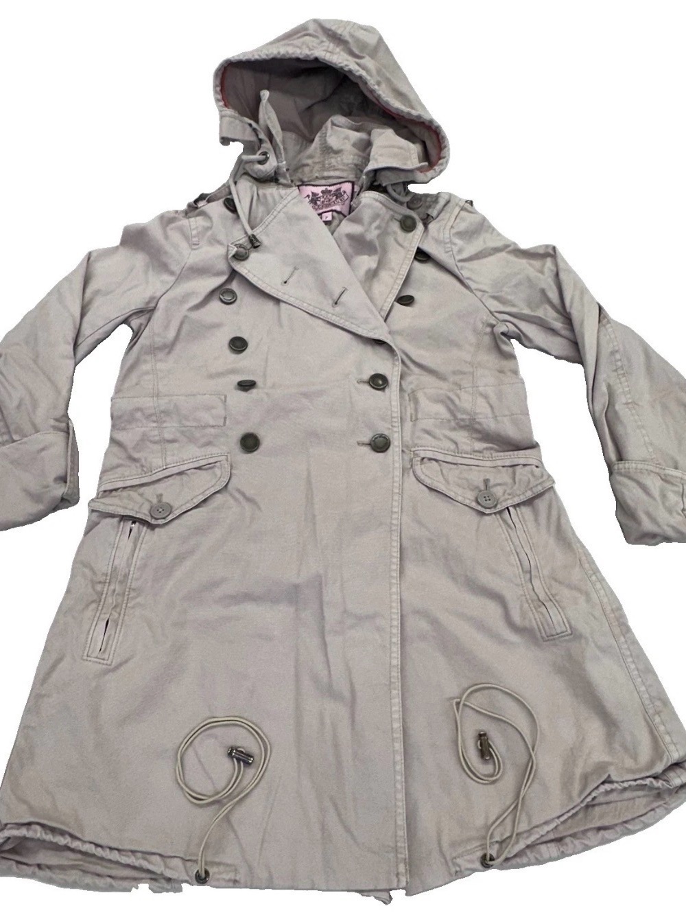 VTG Y2K Juicy Couture Military Beige Double Breasted Hooded Trench Coat Womens S